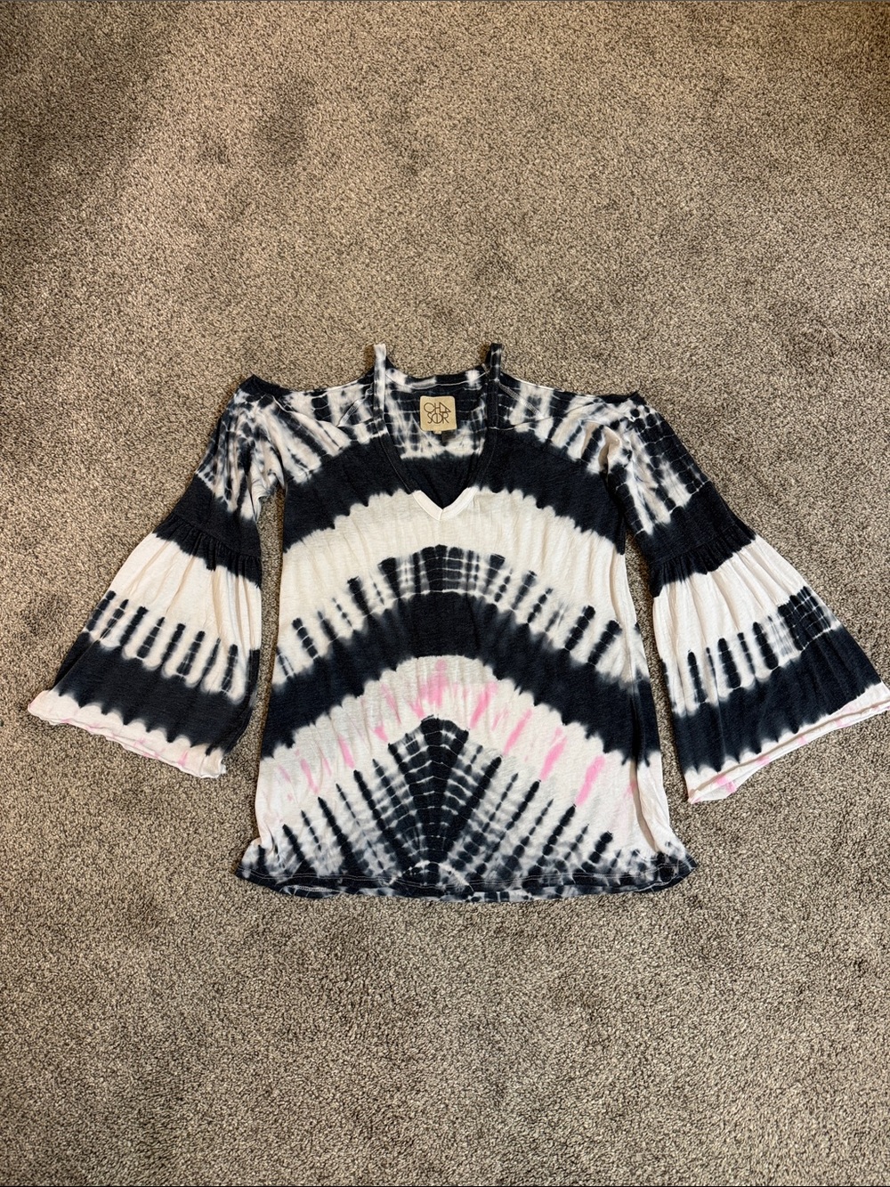 Black, White & Pink Tie-Dye Cold Shoulder Bell Sleeve Top
